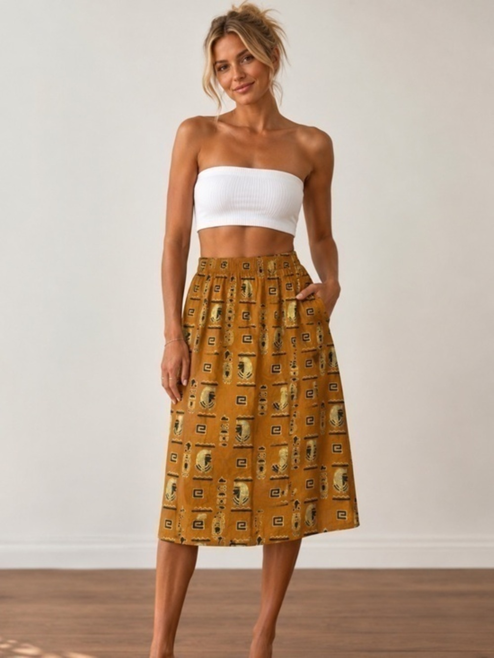 Vintage Koco Collection Egyptian Print Midi Skirt 3X Gold 100% Cotton USA Boho